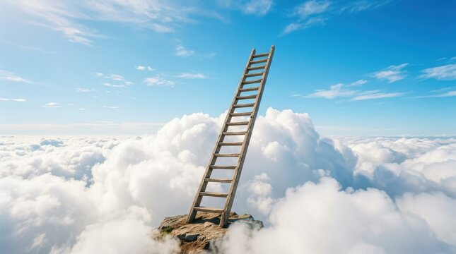 Ladder leading above the clouds with white cloud on blue background, dream and ambition concept, clean surreal composition, bright studio lighting, no logos