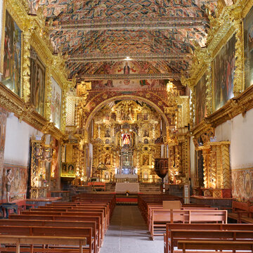 Andahuaylillas, Peru - 26 Nov 2025: Baroque style interior of the Saint Peter the Apostle Church in Andahuaylillas, Cusco