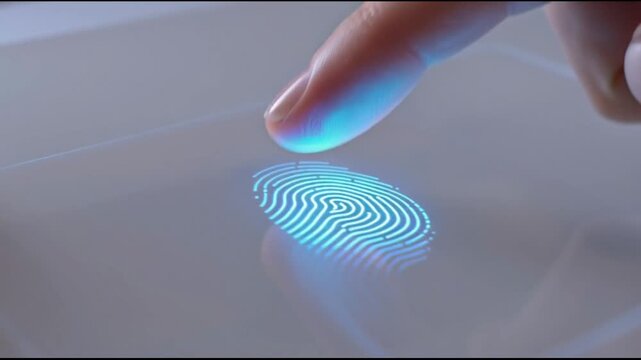 Finger Touching Blue Fingerprint Scan.