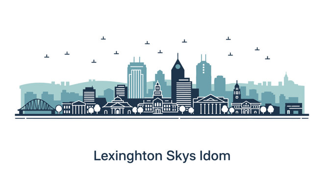 Minimalist vector illustration of the Lexington, Kentucky skyline at daytime, showing local landmarks and architectural details, in a flat, modern artistic style with a monochromatic blue co