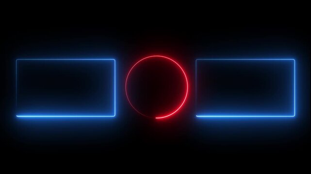 Neon you tube end screen template with glowing blue rectangles and red center circle overlay .