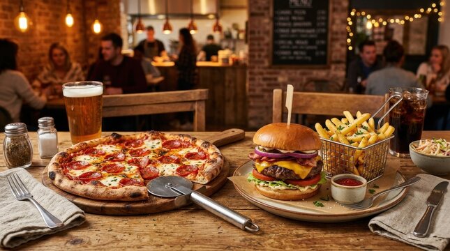 Pizza and burger in fast restaurant, indulgent casual dining spread, comfort food combo, warm appetizing lighting, no logos