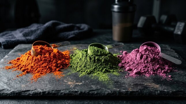 Three colorful piles of powdered supplements on dark background, fitness nutrition concept, vibrant texture and dramatic contrast, realistic detail, no logos
