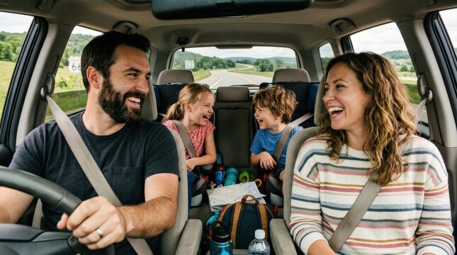 Happy family laughing together inside car, joyful road trip moment, togetherness, lifestyle travel concept, natural light, no logos