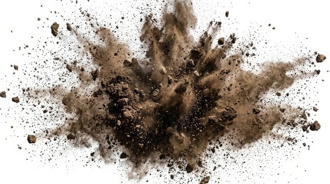 Large ground dust and soil explosion isolated on a white background, dynamic impact burst with flying dirt and debris, clean cutout style presentation, realistic detail, no logos