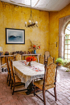 Cusco, Peru - 26 Nov 25: Interior and gardens of the Hacienda Chuquicahuana, a historical home in the rural Andes