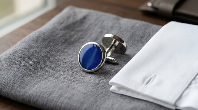 Elegant blue cufflinks on gray background, luxury menswear accessory, refined fashion detail, polished metal and enamel texture, soft studio light, realistic detail, no logos