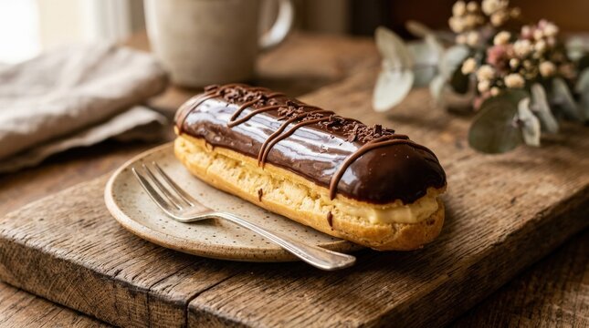 Chocolate covered eclair on a brown surface, rich pastry dessert close-up, glossy topping, elegant bakery styling, no logos