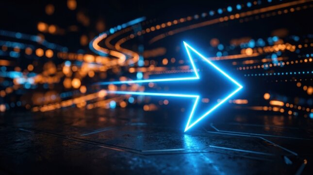 Glowing blue arrow pointing right on a dark background with blurred orange and blue lights, direction and navigation concept, modern tech visual, sleek abstract composition, no logos