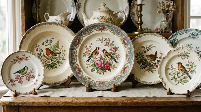 Plates with bird and flower motifs, antique ceramic collection with elegant decorative patterns and vintage tableware appeal, realistic detail, no logos