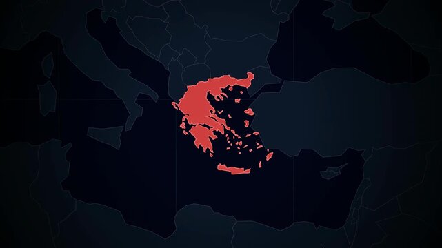 Animated global map highlighting greece with dynamic zoom and focus effects
