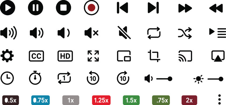 Set of Media player icons. Music, interface, design media player buttons collection. Vector Illustration.
