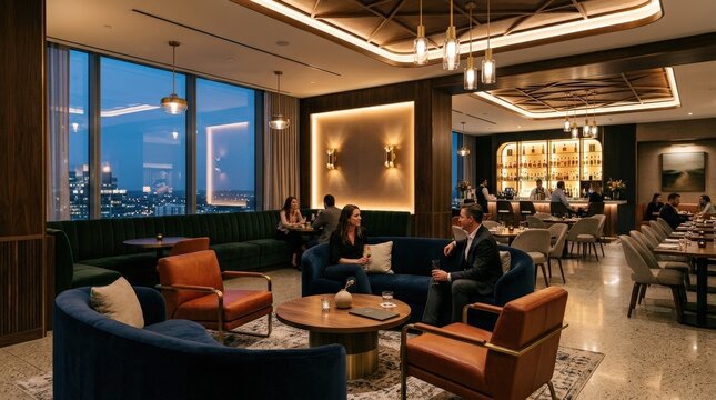 Modern restaurant lounge interior design, stylish hospitality space with elegant seating and ambient lighting, clean contemporary atmosphere, no logos