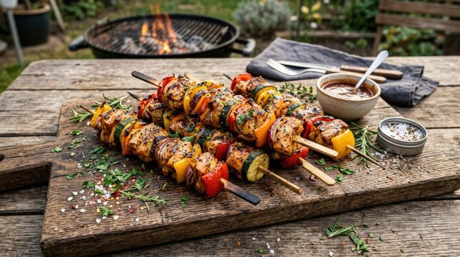 Grilled chicken and vegetable skewers on a wooden board with herbs and spices, rustic barbecue serving with rich texture and flavor, realistic detail, no logos