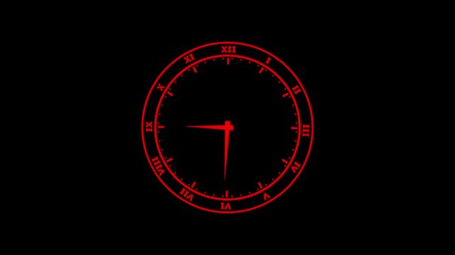 Red neon roman numeral clock face spinning fast motion time lapse loop watch roman numerals.