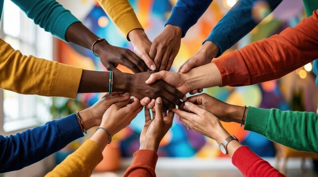 Colorful hands reaching in connection, symbolic collaboration and unity concept with vibrant contemporary style, strong commercial appeal, clean composition, realistic lighting, crisp focus, polished