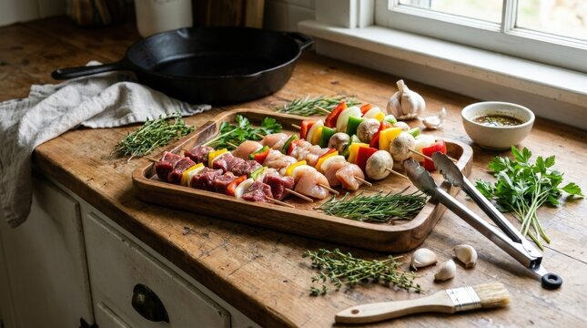 Raw meat skewers on a tray, uncooked barbecue preparation with fresh ingredients and rustic kitchen styling, realistic detail, no logos