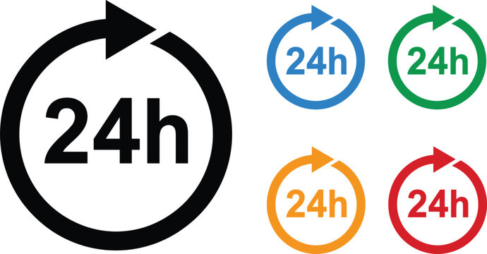 24 Hours Service Icon Set with Circular Arrow and Time Symbols for Websites, Customer Support, Delivery Apps, and Business Warning Labels