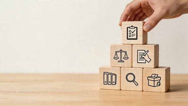 Business man stacking wooden blocks with symbols for auditing contracts law research and compliance building process for company growth