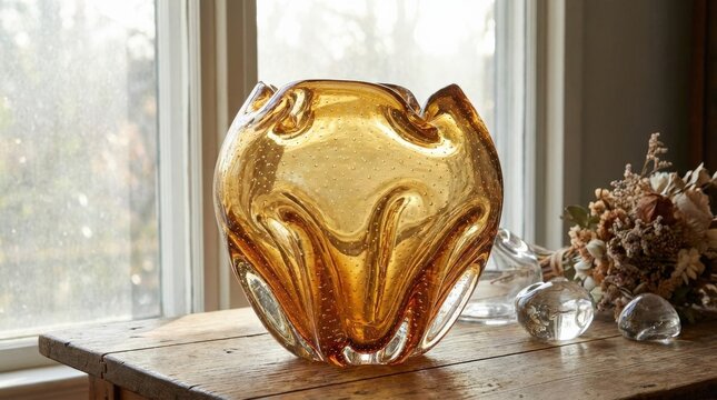 Large amber glass object with bubbles, elegant abstract still life with translucent texture and warm golden tones, realistic detail, no logos