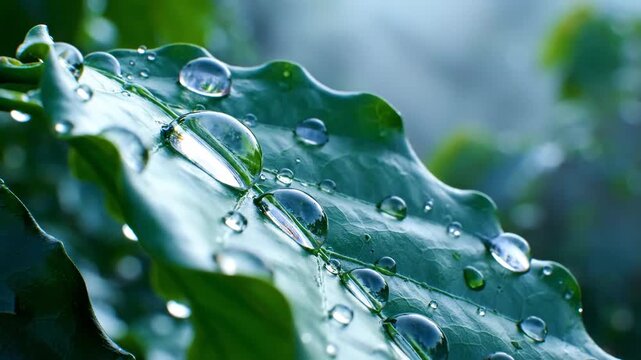 Crystal dew drops clinging to lush green coffee leaves in the soft early morning mist creating a scene of natural purity and freshness