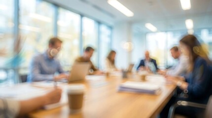 Fototapeta premium blurry office meeting scene with people around conference table high quality professional detailed modern elegant stylish clean crisp vibrant colorful digital creative innovative contemporary