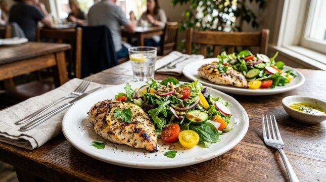 Restaurant plates with salad and grilled chicken, healthy protein-rich meal with fresh greens and clean plating, realistic food detail, no logos