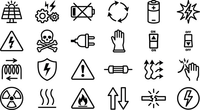 Collection of black and white safety and warning sign icons