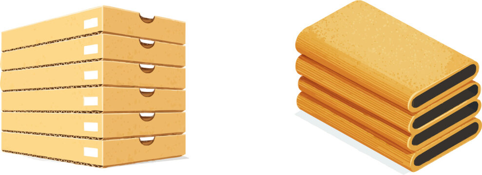 A neat stack of six corrugated cardboard boxes with wavy edges is presented in a side angle view against a white background