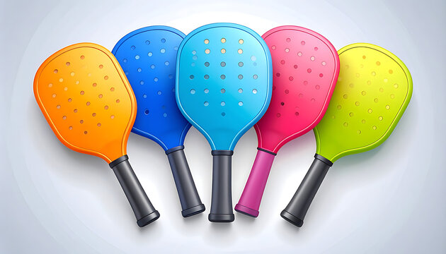 Five colorful ping pong paddles arranged in a fan shape on a light background, perfect for sports or game concepts
