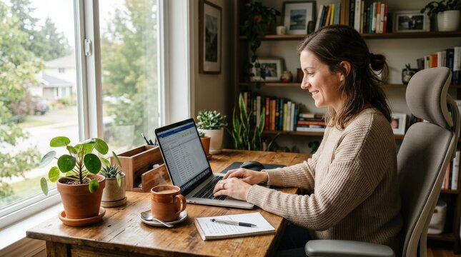 Woman working remotely from home with laptop and coffee, calm productivity lifestyle scene, cozy desk setup, natural morning routine, modern freelance concept, soft window light, realistic detail,