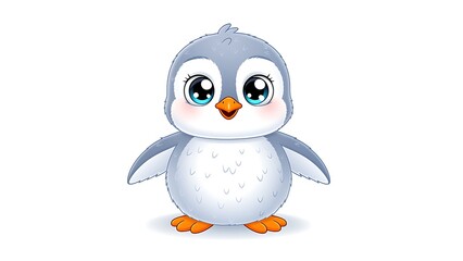 Fototapeta premium Cute baby penguin standing on white background. Adorable cartoon character with big eyes. Wildlife animal illustration for greeting card, children nursery decor and sticker design.
