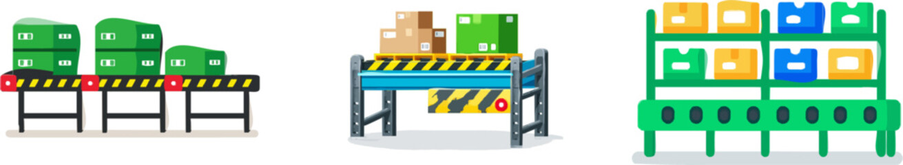 Obraz premium The automated warehouse features a sleek, minimalist design with green boxes neatly stacked on conveyor belts, emphasizing efficiency and cleanliness