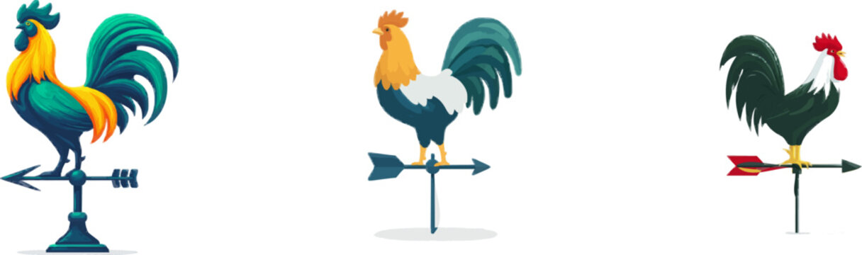 This traditional metal wind vane features a stylized rooster pointing north in vibrant colors with clean bold outlines, isolated on a white background for simple commercial use