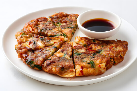 Delicious Korean Pancake with Kimchi Served on a White Plate with Dipping Sauce