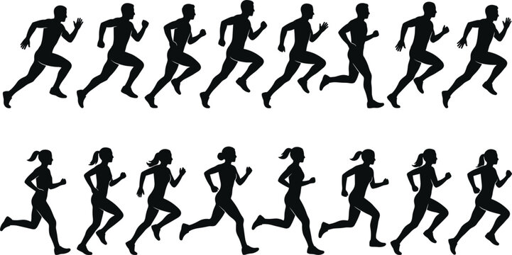 Silhouette Running Characters Set with Male and Female Athletes in Different Poses for Sports and Fitness Illustration in Black and White.