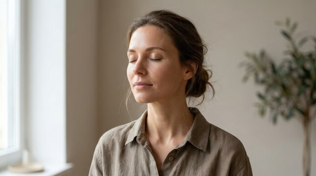 Peaceful woman with eyes closed, wellness and mindfulness portrait, calm beauty concept, relaxed expression, soft flattering light, clean background, realistic skin detail, polished commercial