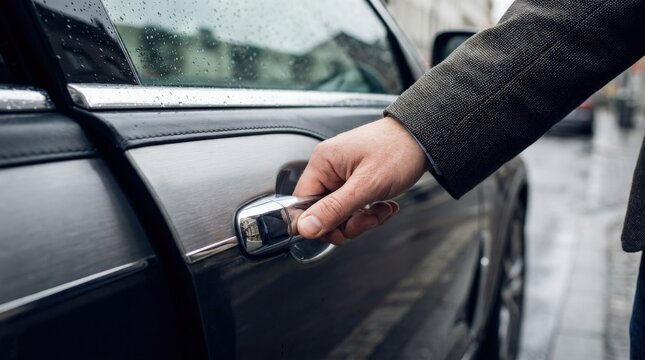Man pulling a car door closed, transportation lifestyle detail, automotive close-up, modern vehicle use concept, realistic hand and metal texture, clean composition, premium editorial stock appeal,