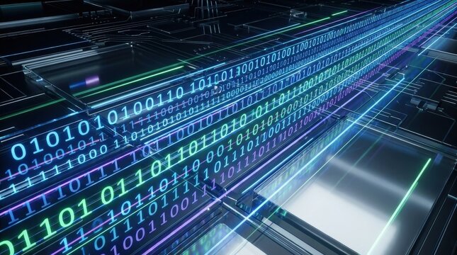 Digital binary code in motion, abstract technology background with flowing data and futuristic computing atmosphere, polished realistic finish, no logos