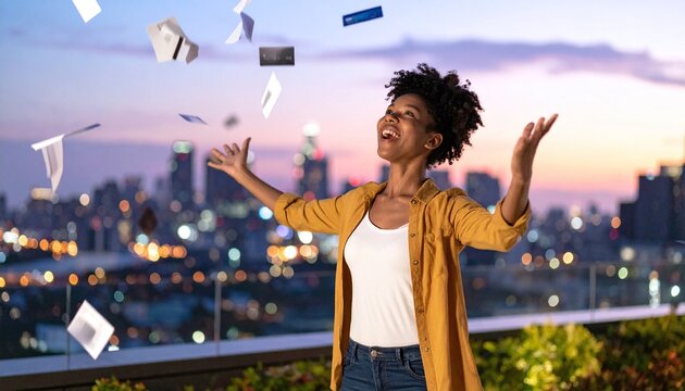 A jubilant Black woman tosses bills and credit cards on a city rooftop at twilight, celebrating financial freedom and debt relief against a stunning, vibrant bokeh skyline backdrop.