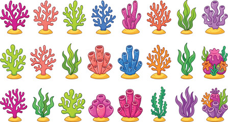 Large Colorful Coral Reef Vector Icon Collection with Diverse Marine Corals, Sea Plants, and Underwater Elements for Ocean Design and Aquarium Illustrations © MstSuborna