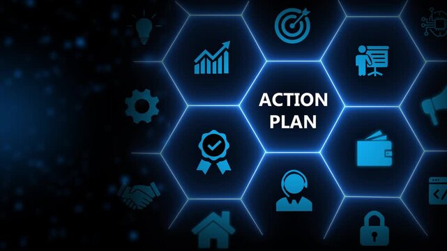 Business action plan concept. Business annual plan and development for achieving target. Business objectives, direction, strategy, plan, collaboration, timeline, budget management and implementation.