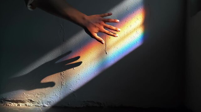 rainbow shadow on person face artistic natural light, raw photography