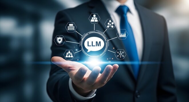 Large language model llm concept a businessman holding a digital network