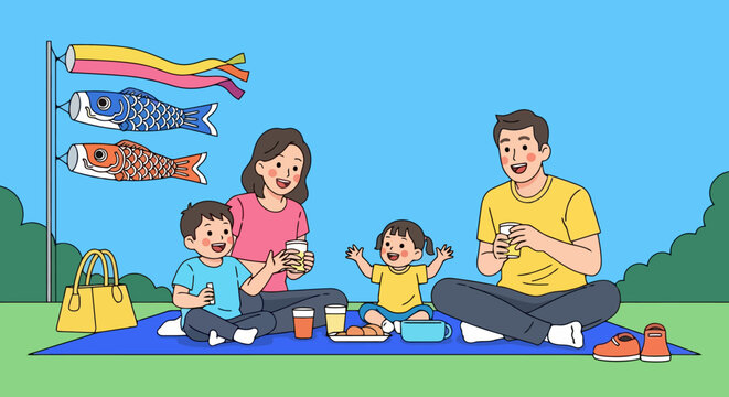 Family enjoying a picnic under carp streamers.