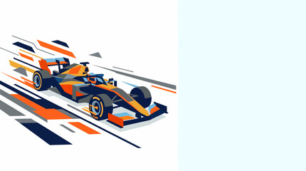Fototapeta premium Dynamic illustration of a modern Formula 1 race car in orange and black, speeding with motion blur and abstract geometric lines on a white background.