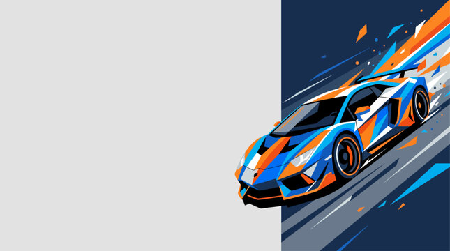 Dynamic illustration of a blue and orange sports car speeding with abstract motion lines and vibrant colors.