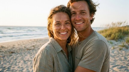 Fototapeta premium Film style closeup portrait of a happy couple at the beach on vacation, romantic summer lifestyle concept for travel, love, leisure and authentic connection themes, golden light, candid smiles,
