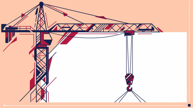 Stylized illustration of a large tower crane with geometric lines and red and blue accents on a light background.