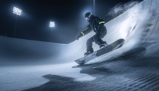 Dynamic action shot of a snowboarder riding a halfpipe under bright night lights. This highenergy image captures the essence of extreme winter sports, perfect for sports and outdoor ads.
